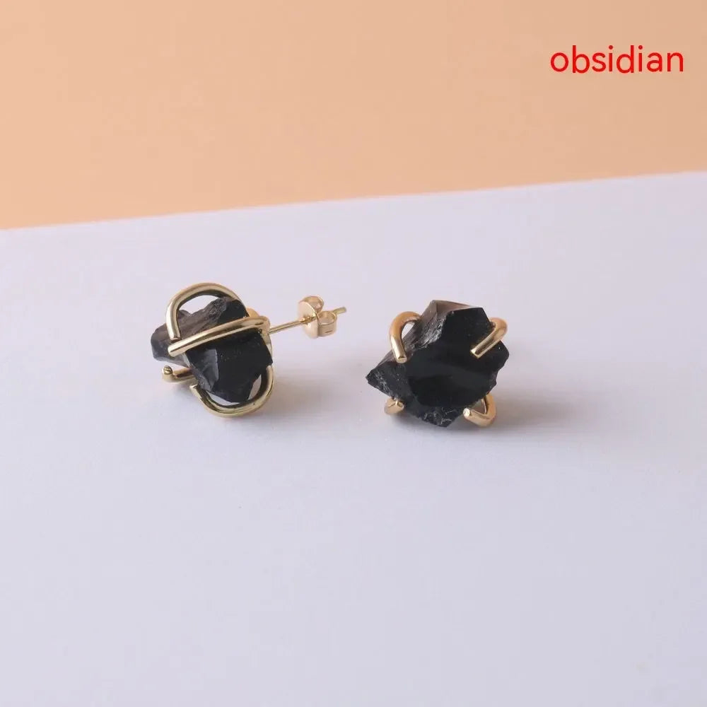 Gold-plated Four-claw Stone Rough Stone Stud Earrings For Women - CRYSTALOIL