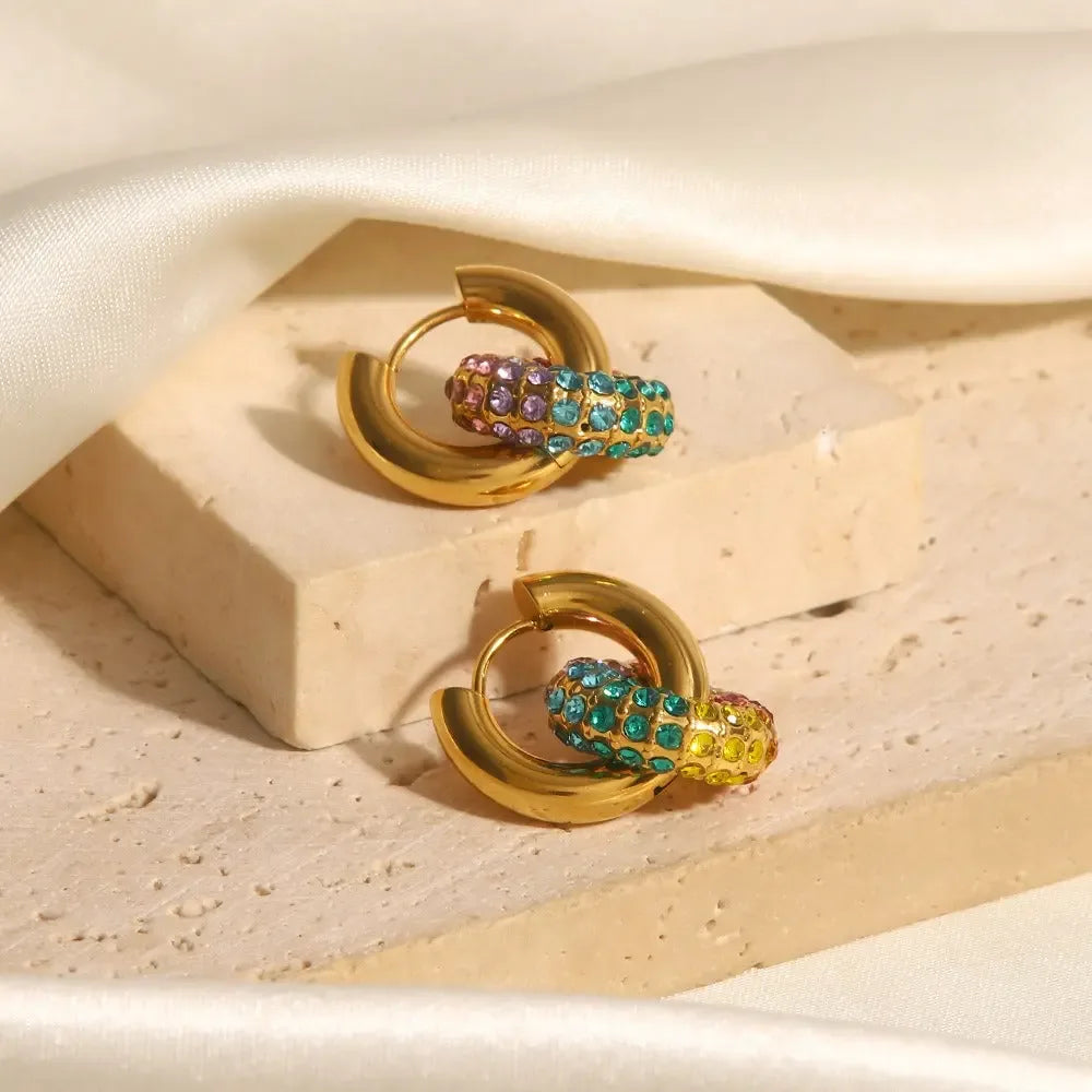 18K gold exquisite and noble donut-shaped earrings inlaid with diamonds, light luxury style - CRYSTALOIL