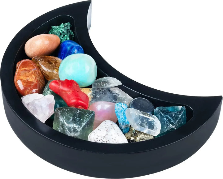 Curawood Crescent Moon Crystal Tray – 6" Black Wooden Display & Organizer - CRYSTALOIL