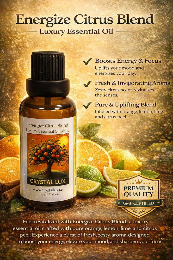 Energize Citrus Essential Oil Blend by Crystal Lux – Luxury Aromatherapy Diffuser Oil for Home – Premium Essential Oils for Diffusers, Fresh Uplifting Fragrance