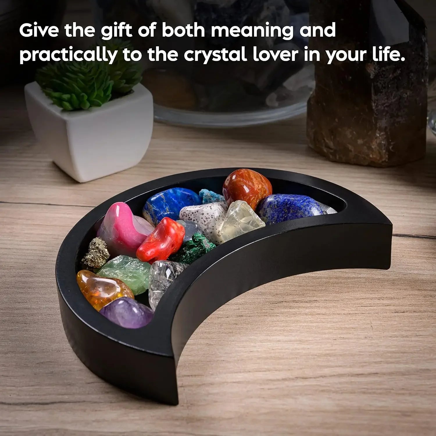 Curawood Crescent Moon Crystal Tray – 6" Black Wooden Display & Organizer - CRYSTALOIL