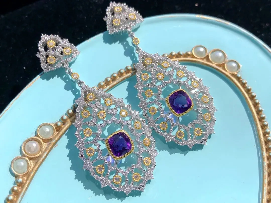 Luxury 925 Silver Plated Natural Amethyst Drop Earrings - CRYSTALOIL