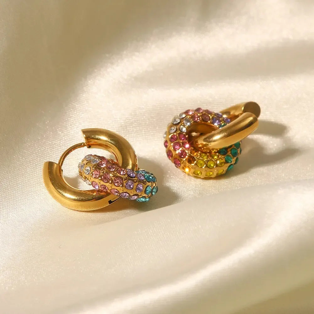 18K gold exquisite and noble donut-shaped earrings inlaid with diamonds, light luxury style - CRYSTALOIL