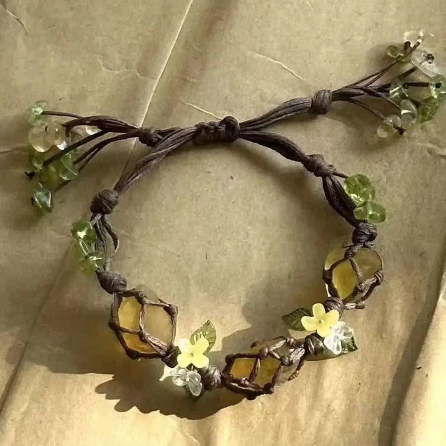 Oanthus tree and vitality macrame crystal stone woven hand rope flowered ite bracelet - CRYSTALOIL