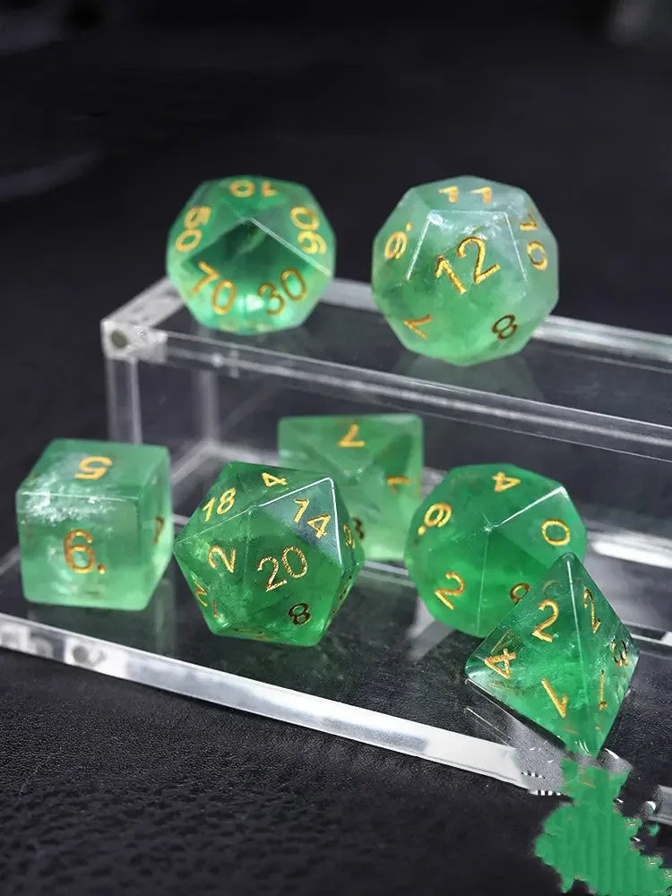 7 PIECE SET Natural Green Fluorite Dice - CRYSTALOIL