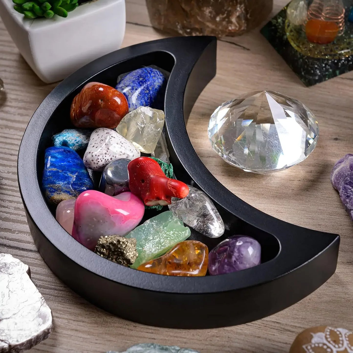 Curawood Crescent Moon Crystal Tray – 6" Black Wooden Display & Organizer - CRYSTALOIL