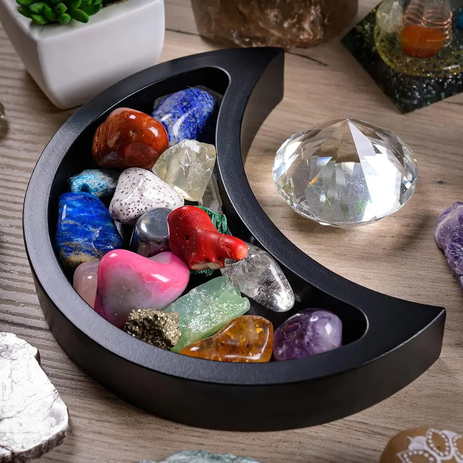 Curawood Crescent Moon Crystal Tray – 6" Black Wooden Display & Organizer - CRYSTALOIL