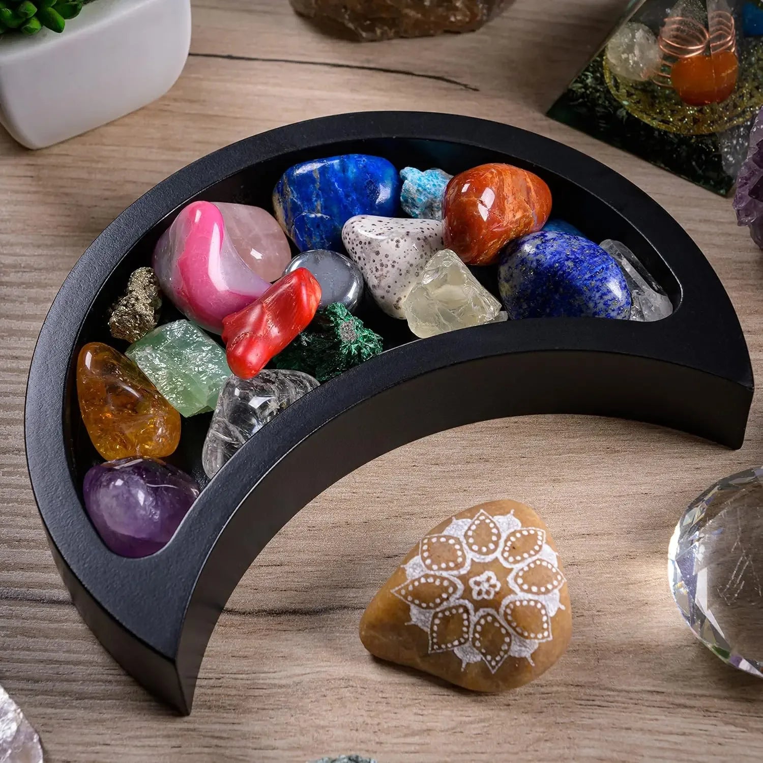 Curawood Crescent Moon Crystal Tray – 6" Black Wooden Display & Organizer - CRYSTALOIL