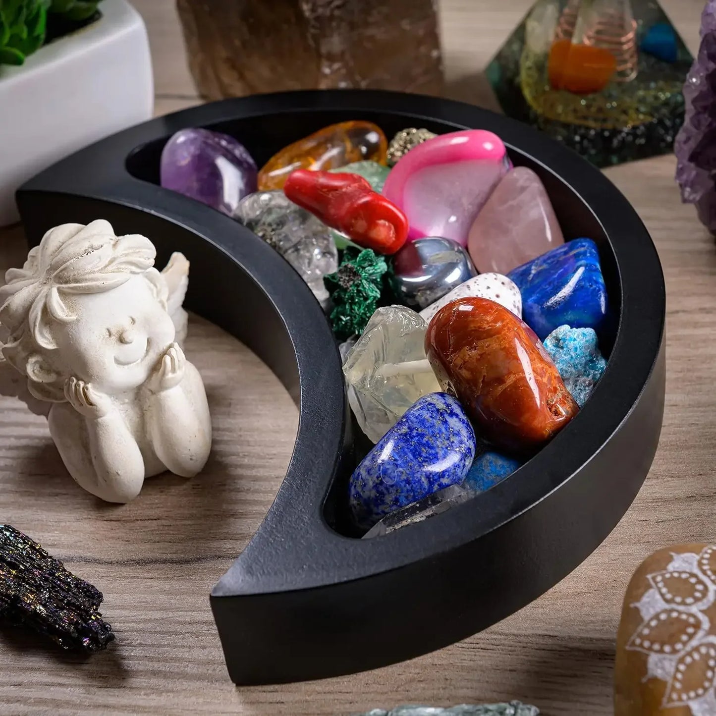 Curawood Crescent Moon Crystal Tray – 6" Black Wooden Display & Organizer - CRYSTALOIL