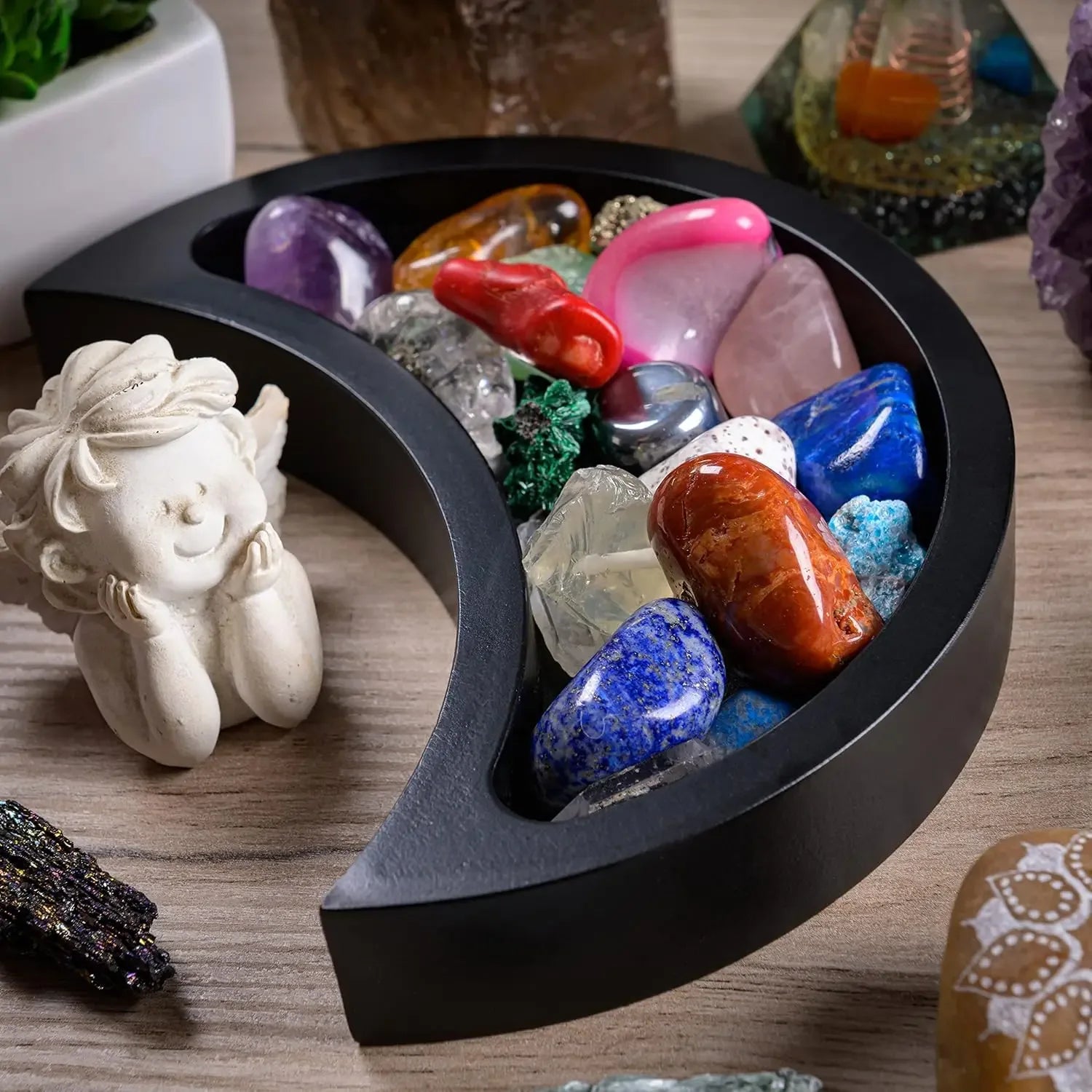 Curawood Crescent Moon Crystal Tray – 6" Black Wooden Display & Organizer - CRYSTALOIL