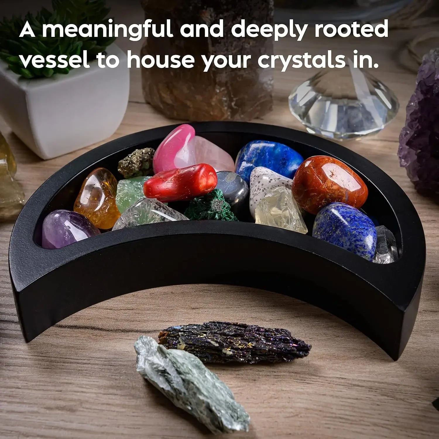Curawood Crescent Moon Crystal Tray – 6" Black Wooden Display & Organizer - CRYSTALOIL