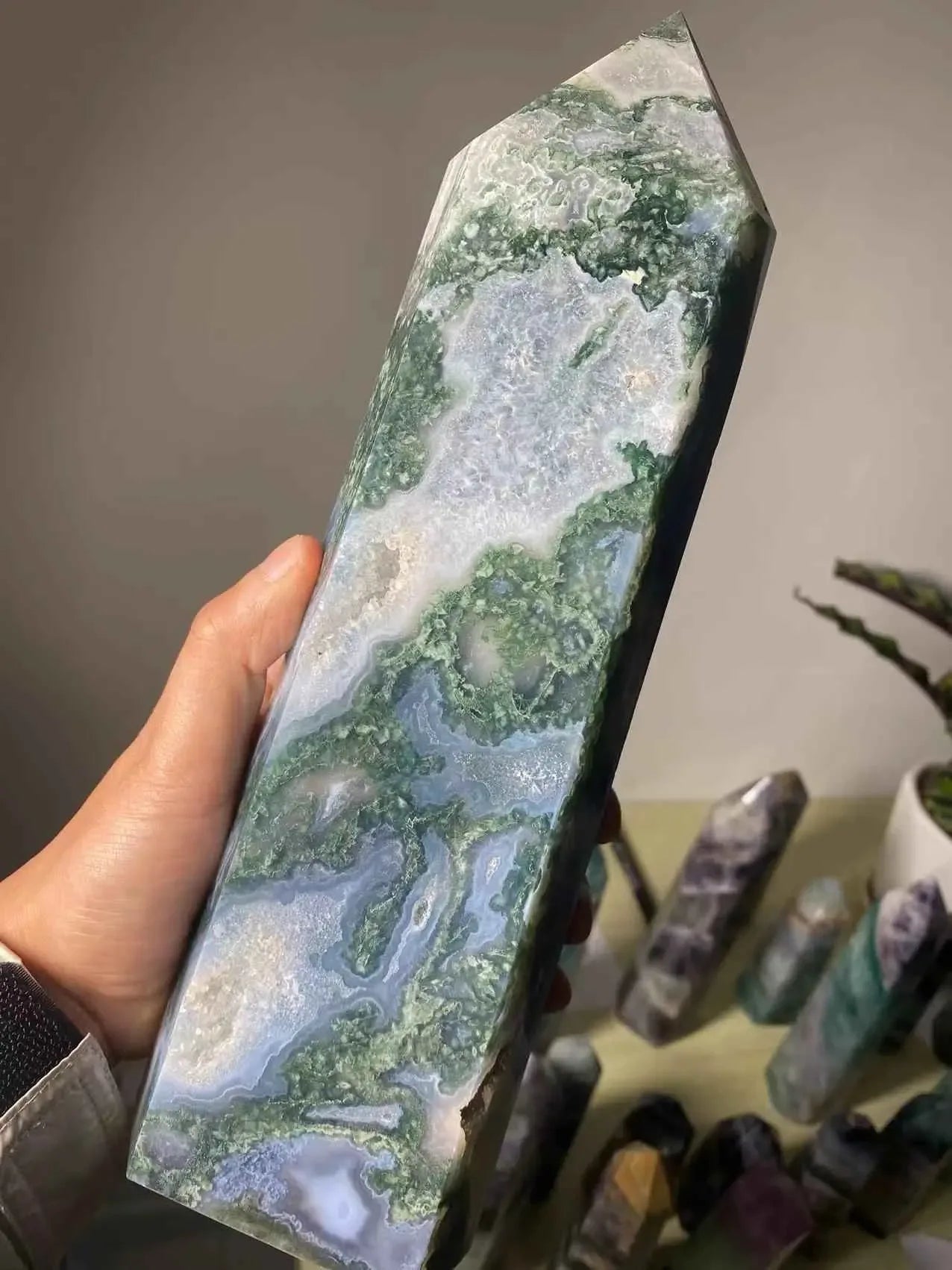 Natural Large Moss Agate Crystal Tower Ornament, a stunning addition to any space. Crafted from genuine moss agate, this piece of stexudes elegance and tranquility, - CRYSTALOIL