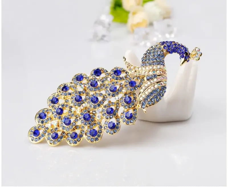 Extra Large Sapphire Crystal Rhinestone Peacock Brooch - CRYSTALOIL