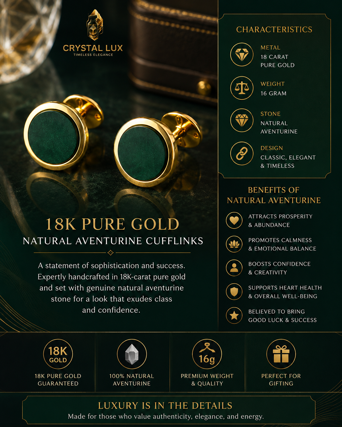 18 Carat Gold Natural Aventurine Stone Cufflinks – Luxury Men's Accessory