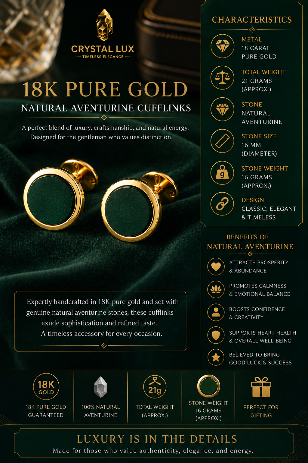 18 Carat Gold Natural Aventurine Stone Cufflinks – Luxury Men's Accessory