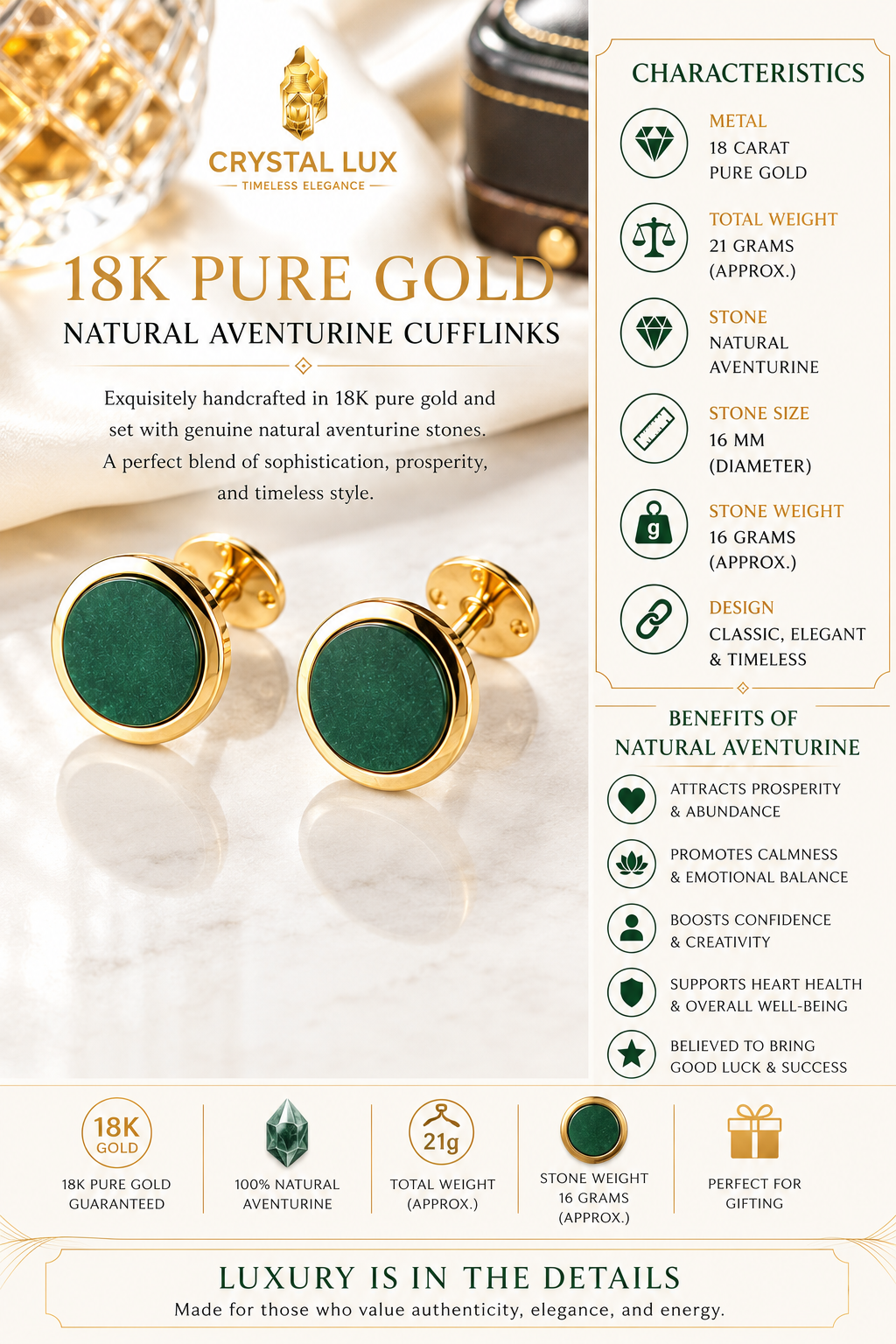 18 Carat Gold Natural Aventurine Stone Cufflinks – Luxury Men's Accessory
