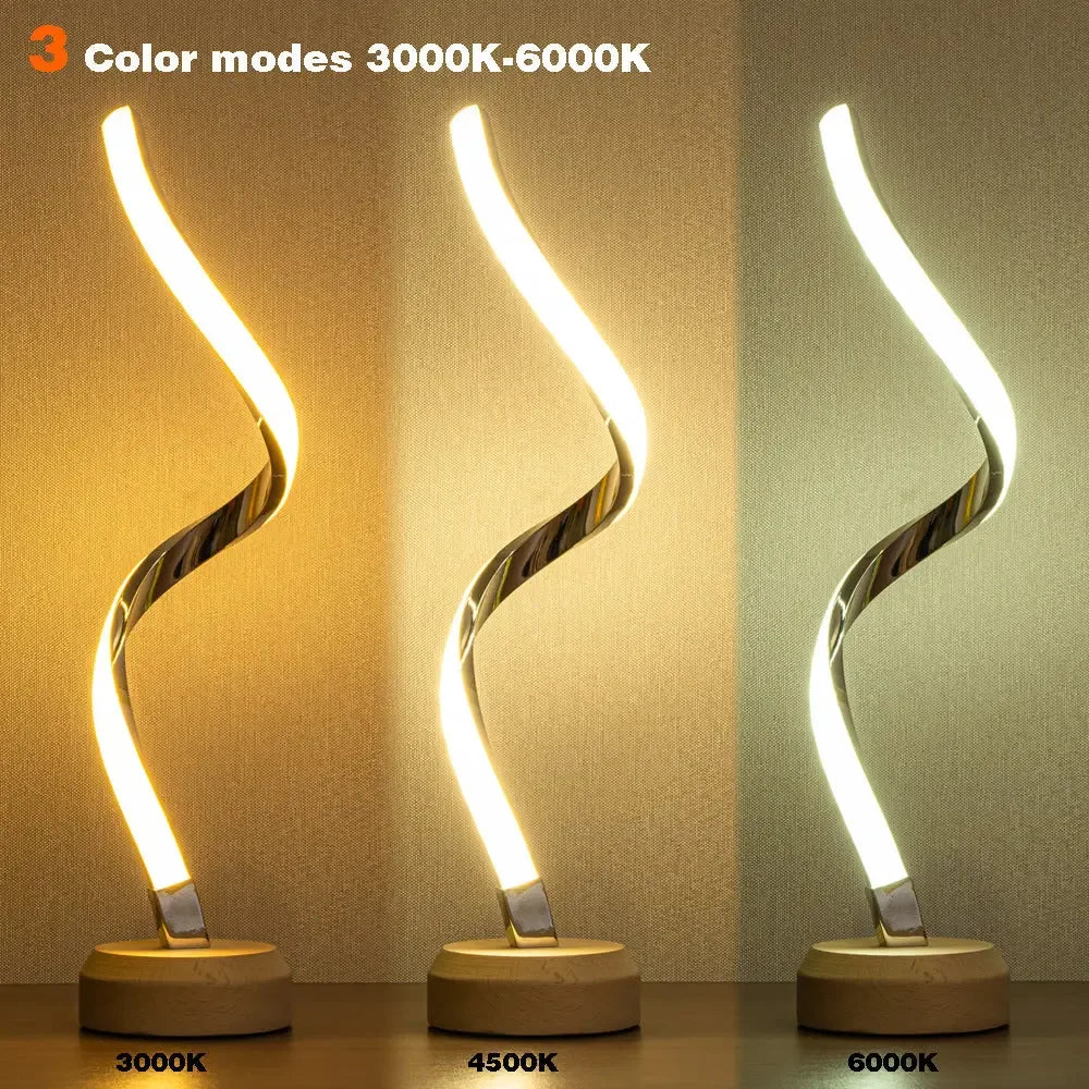 LED Spiral Table Lamp Modern Curved Desk Bedside Lamp Dimmable Warm White Night Light For Living Room And Bedroom - CRYSTALOIL