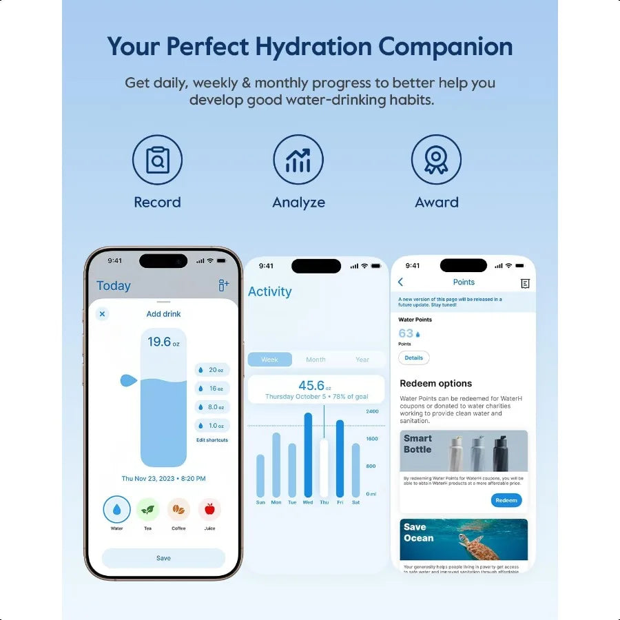 Boost Smart Water Bottle with Reminder to Drink Water 24oz BPAFree Stainl Steel Vacuum Insulated Water Bottle Wide Mouth Water