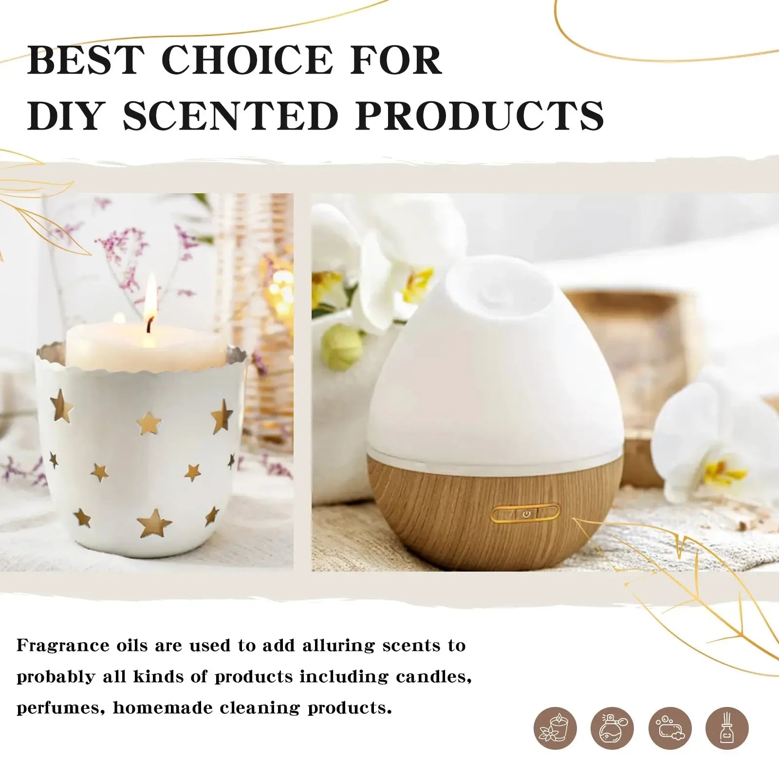 EUQEE 10ML/60ML Fragrance Oil For Diffuser Aromatherapy Lilac Gardenia Coconut & Vanilla White Musk DIY Soap Scented Candle - CRYSTALOIL