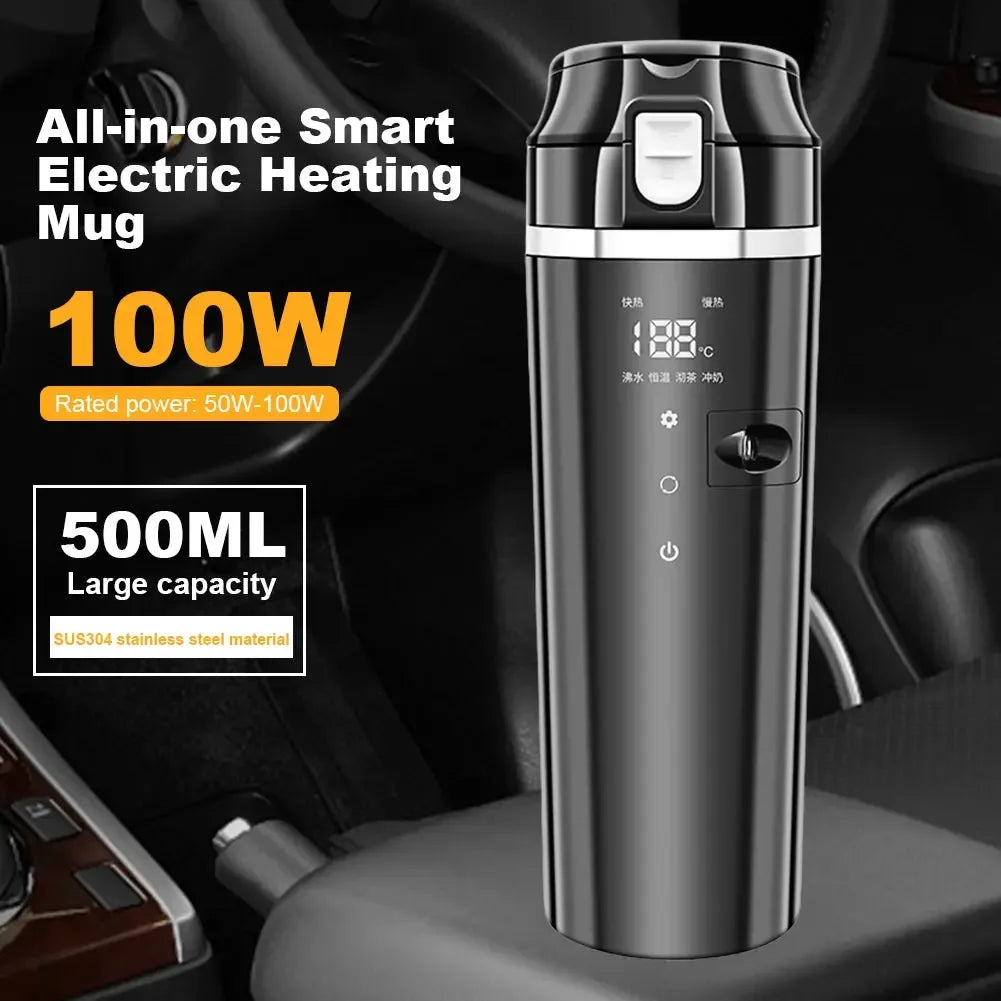 12V/24V Car Heating Cup Digital LCD Display Travel Coffee Mug Warmer Smart Temperature Control Thermos Cup Stainless Steel 500ML - CRYSTALOIL