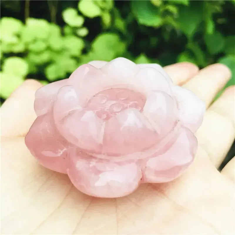 50mm Natural crystal rose quartz lotus and green jade leaf home decoration - CRYSTALOIL