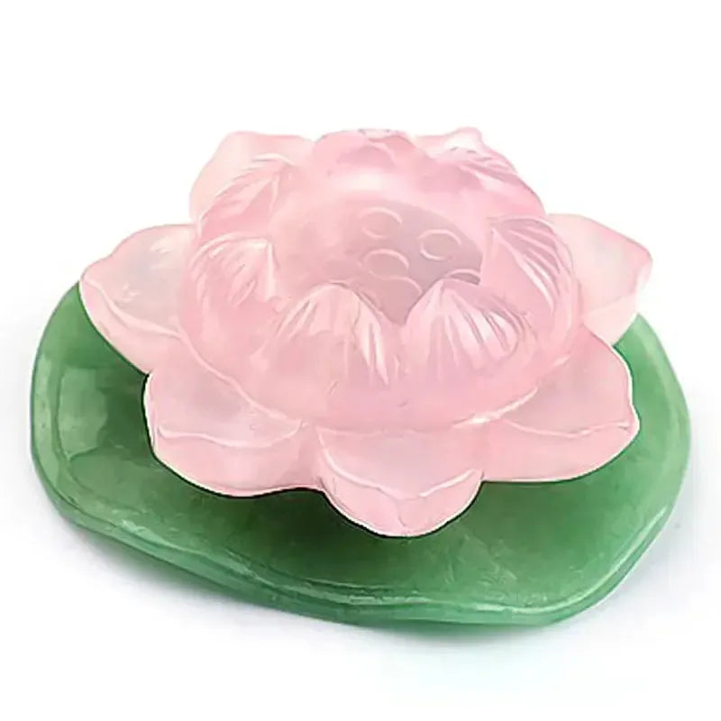 50mm Natural crystal rose quartz lotus and green jade leaf home decoration - CRYSTALOIL