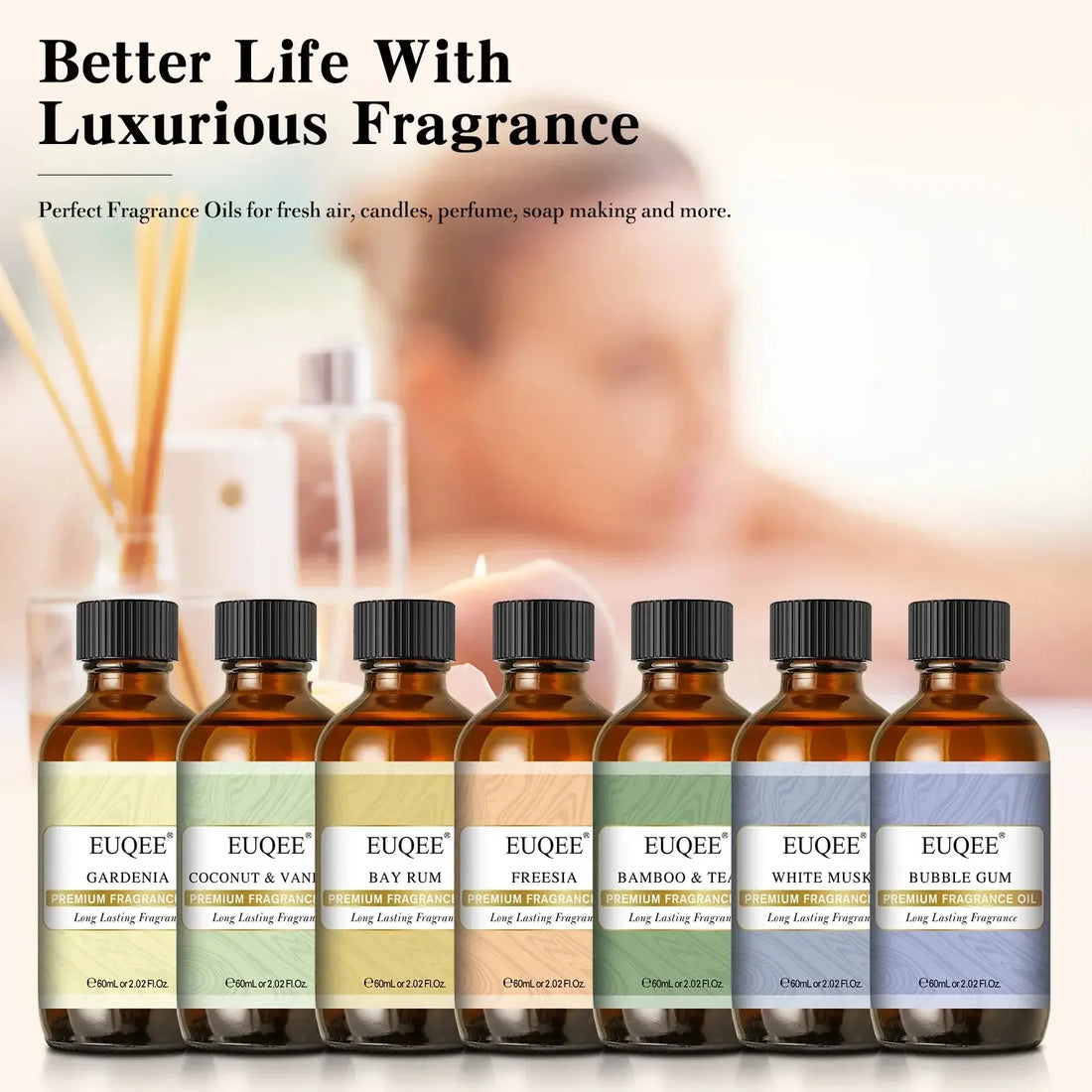 EUQEE 10ML/60ML Fragrance Oil For Diffuser Aromatherapy Lilac Gardenia Coconut & Vanilla White Musk DIY Soap Scented Candle - CRYSTALOIL