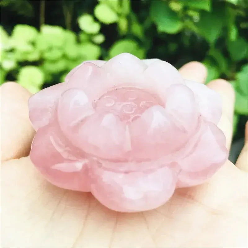 50mm Natural crystal rose quartz lotus and green jade leaf home decoration - CRYSTALOIL