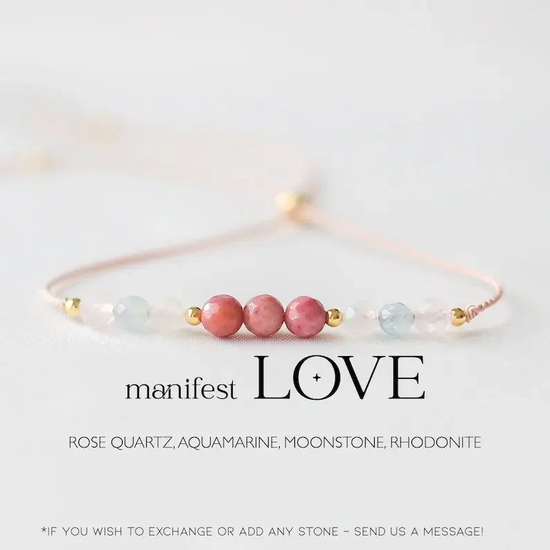 Love embodies crystal bracelet, attract love, self-love, rose quartz, aquamarine, moonstone, rose pyroxene - CRYSTALOIL