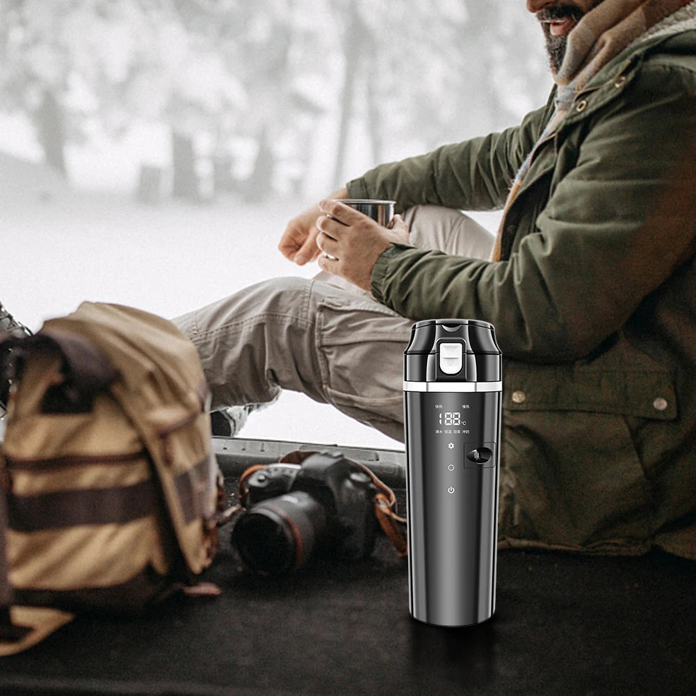 12V/24V Car Heating Cup Digital LCD Display Travel Coffee Mug Warmer Smart Temperature Control Thermos Cup Stainless Steel 500ML