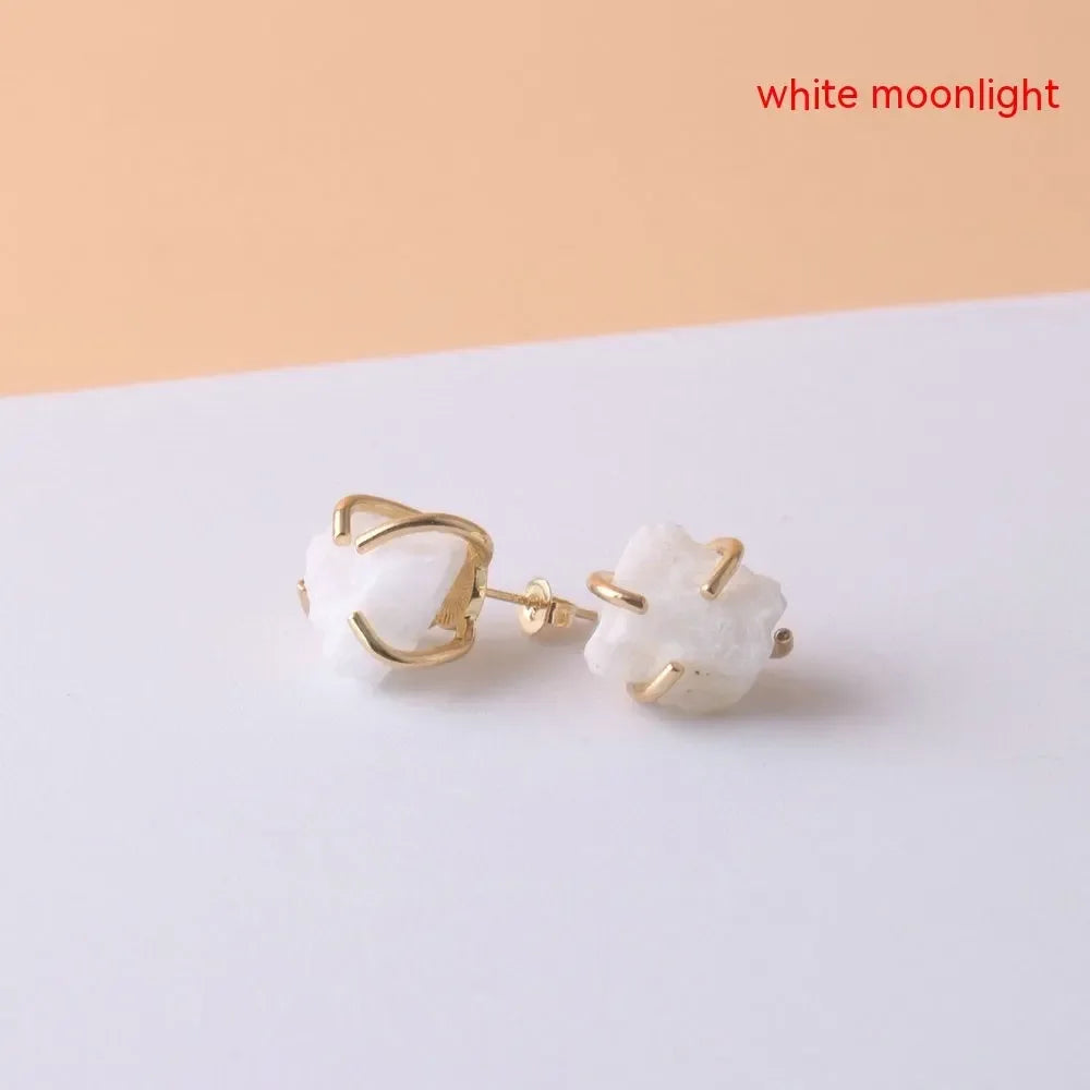 Gold-plated Four-claw Stone Rough Stone Stud Earrings For Women - CRYSTALOIL