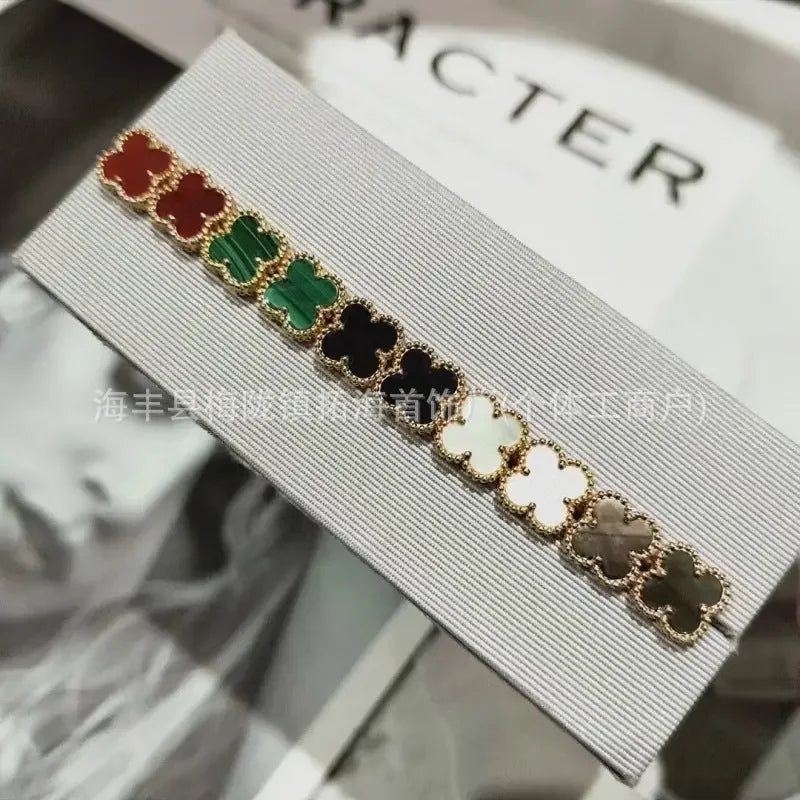 Four-leaf stud earrings plated 18K gold natural carnelian CNC precision fashion Lucky flower earrings - CRYSTALOIL