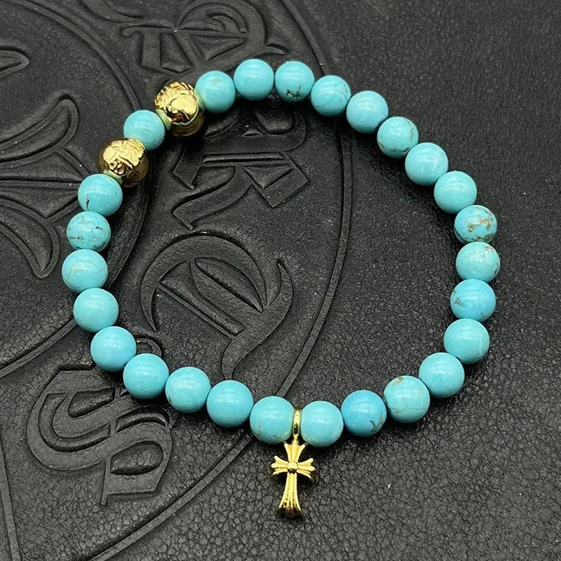 Obsidian Turquoise 6mm bracelet Thai silver vintage men's and women's personality classic beaded - CRYSTALOIL