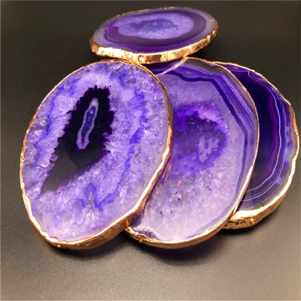 2 pieces Blue Purple black Primitive Agate Big Crystal Wafer Coasters, - CRYSTALOIL
