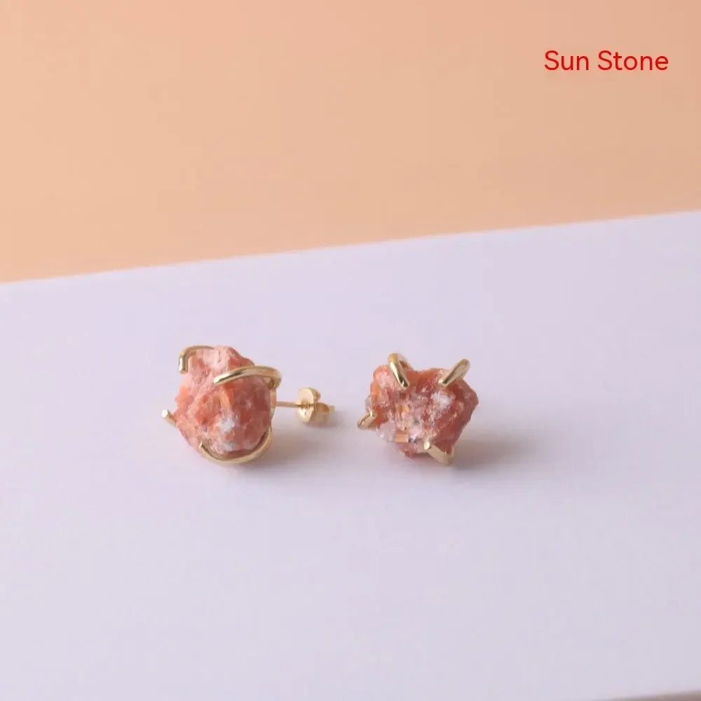Gold-plated Four-claw Stone Rough Stone Stud Earrings For Women - CRYSTALOIL