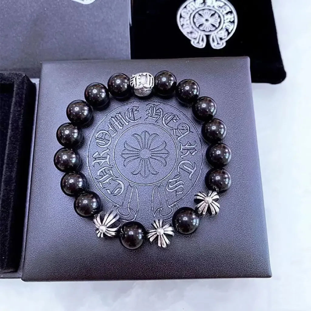 Natural cross obsidian bracelet Hip Hop punk style couple bracelet - CRYSTALOIL