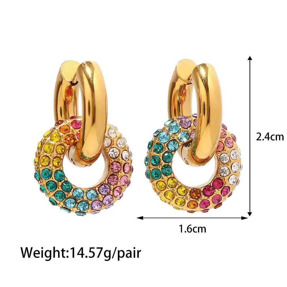 18K gold exquisite and noble donut-shaped earrings inlaid with diamonds, light luxury style - CRYSTALOIL