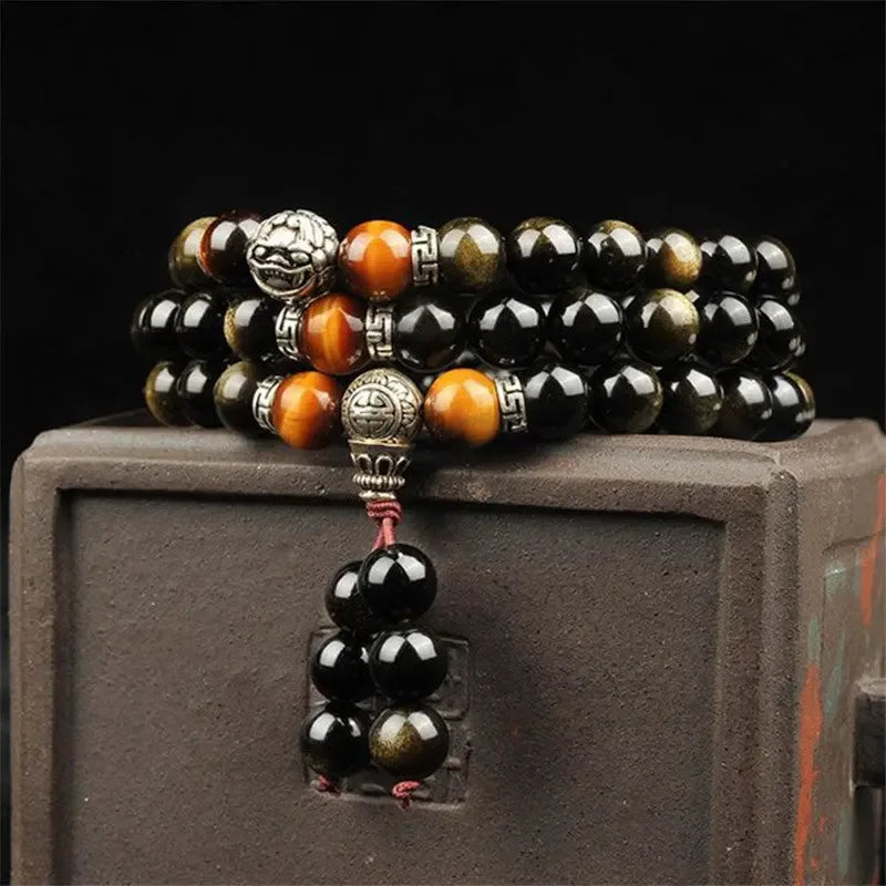 Natural Gold Obsidian Bracelet 108 Buddha Beads With Tibetan Silver Round Beads, Natural Gold Obsidian Bracelet. - CRYSTALOIL