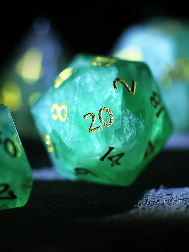 7 PIECE SET Natural Green Fluorite Dice - CRYSTALOIL