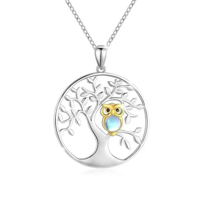Tree of Life with Moonstone Owl Pendant Necklace in 925 Sterling Silver - CRYSTALOIL