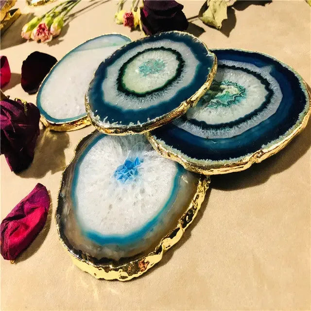 2 pieces Blue Purple black Primitive Agate Big Crystal Wafer Coasters, - CRYSTALOIL