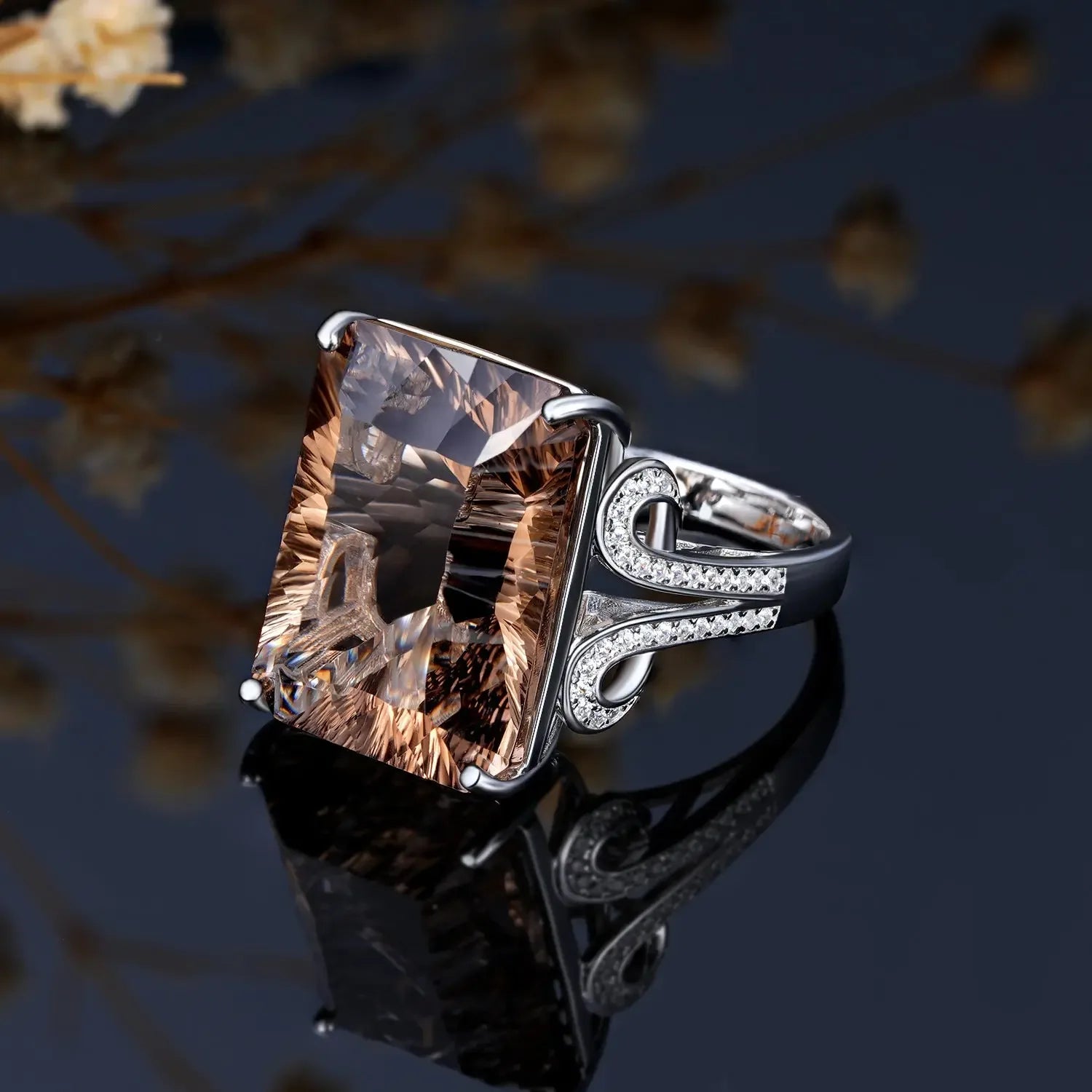 Natural Tea Crystal Ring 925 Silver Set Geometric Square Smoky Crystal Ring - CRYSTALOIL