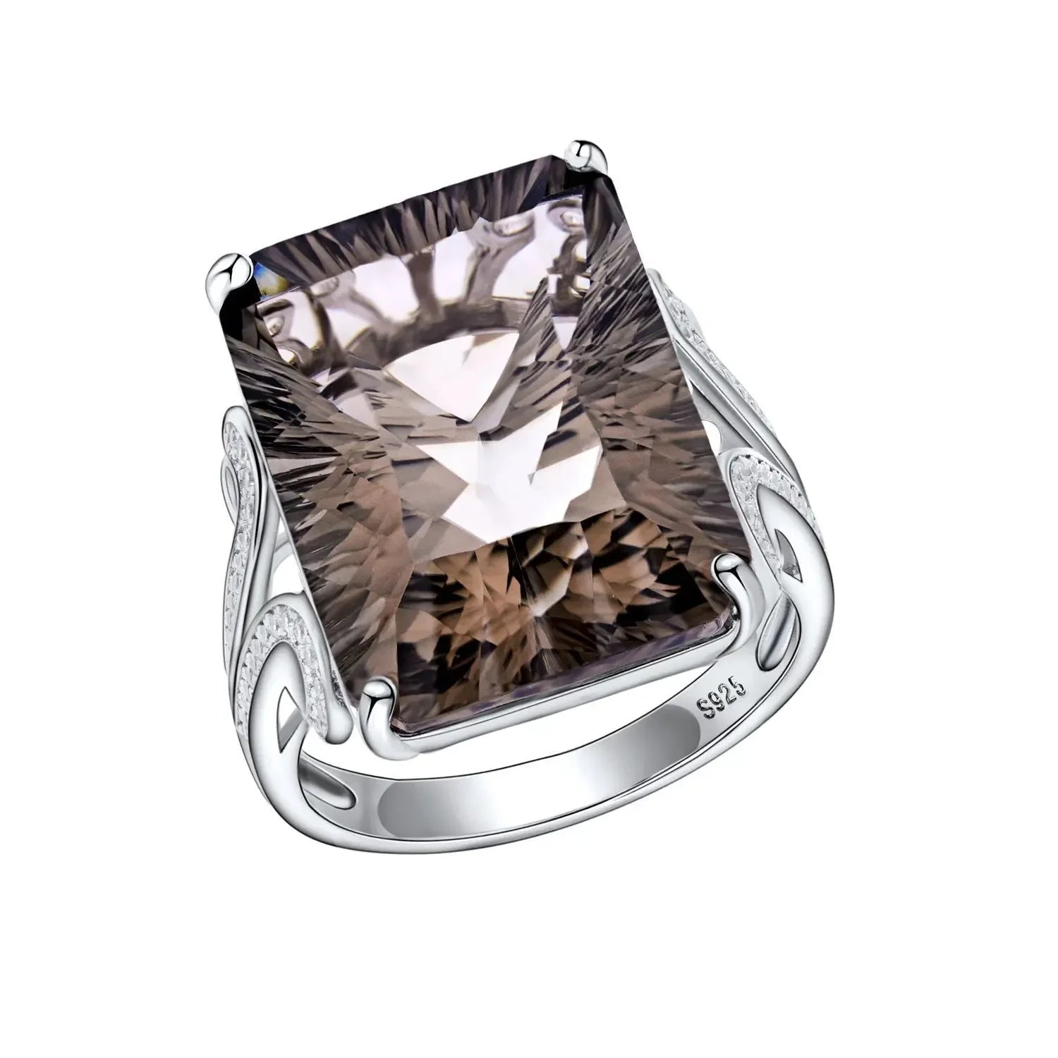 Natural Tea Crystal Ring 925 Silver Set Geometric Square Smoky Crystal Ring - CRYSTALOIL