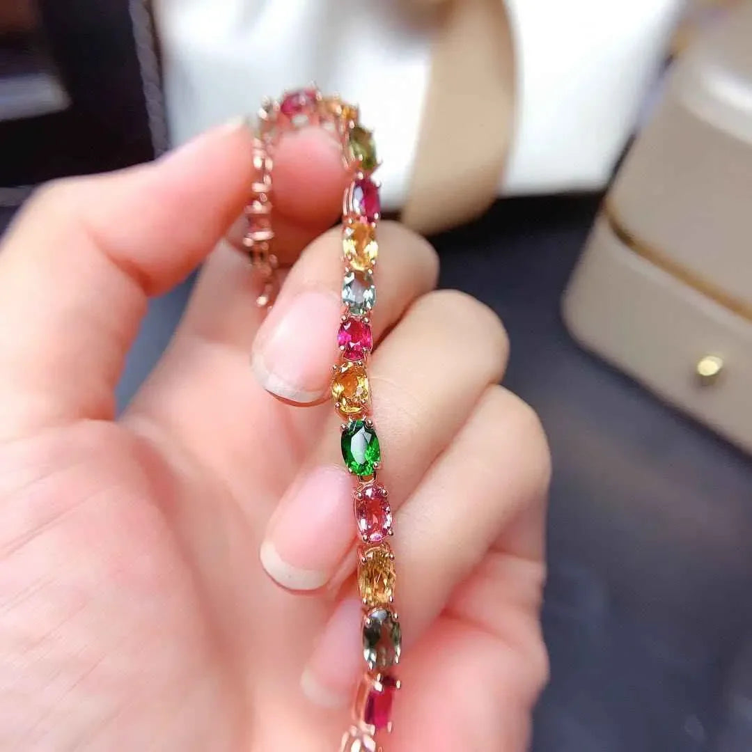 Multi Color Tourmaline Bracelet - Elegant Sterling Silver Jewelry with Radiant Stones - CRYSTALOIL