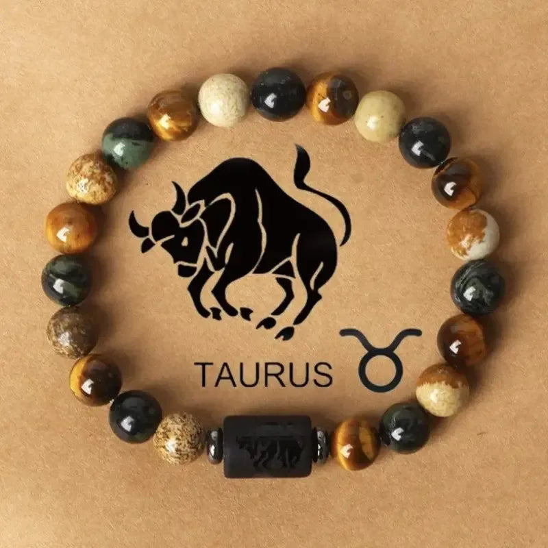 Fashionable hot-selling natural stone beaded bracelets of the 12 zodiac signs, tiger's eye stone patterned stone crystal bracelets and banges - CRYSTALOIL