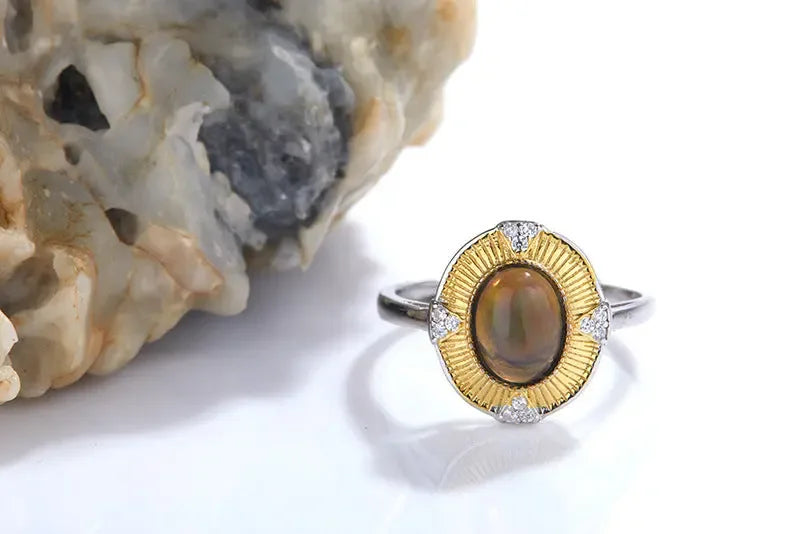 Women's Fashion Sterling Silver Inlaid Natural Opal Ring - CRYSTALOIL