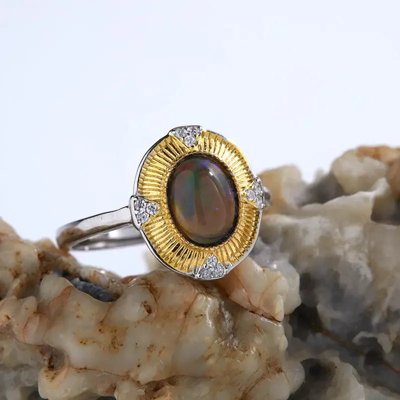 Women's Fashion Sterling Silver Inlaid Natural Opal Ring - CRYSTALOIL