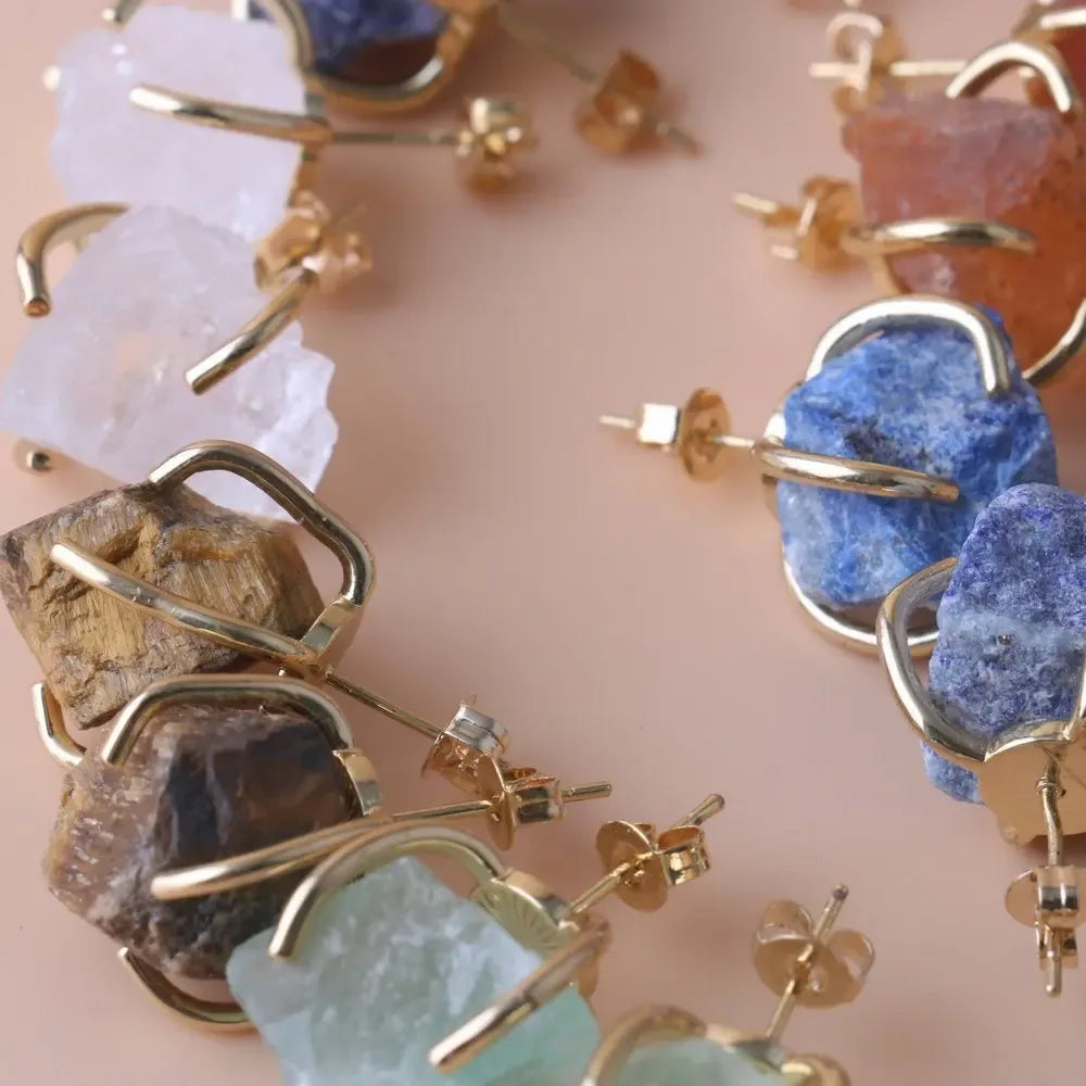 Gold-plated Four-claw Stone Rough Stone Stud Earrings For Women - CRYSTALOIL