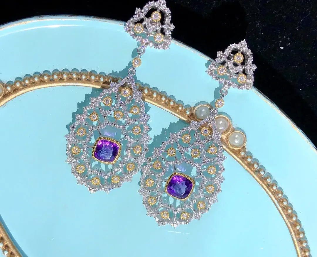 Luxury 925 Silver Plated Natural Amethyst Drop Earrings - CRYSTALOIL