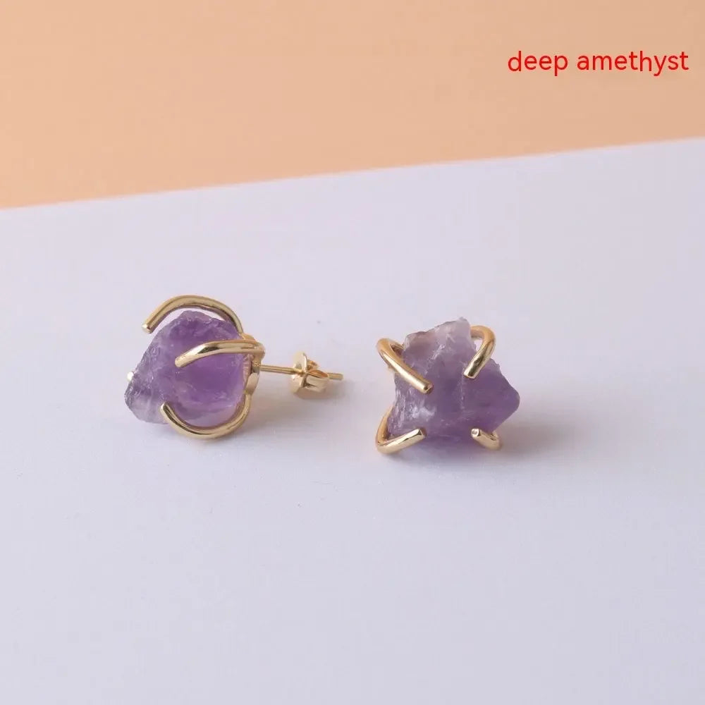 Gold-plated Four-claw Stone Rough Stone Stud Earrings For Women - CRYSTALOIL